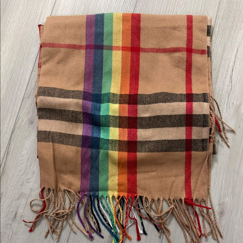 Tan Plaid Scarf with Rainbow Stripe